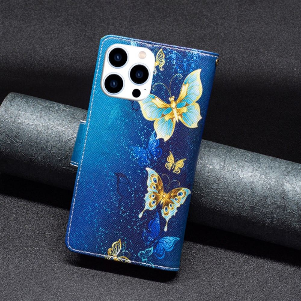 Kožený Kryt Na iPhone 16 Pro Max Peněženka Se Zlatými Motýly