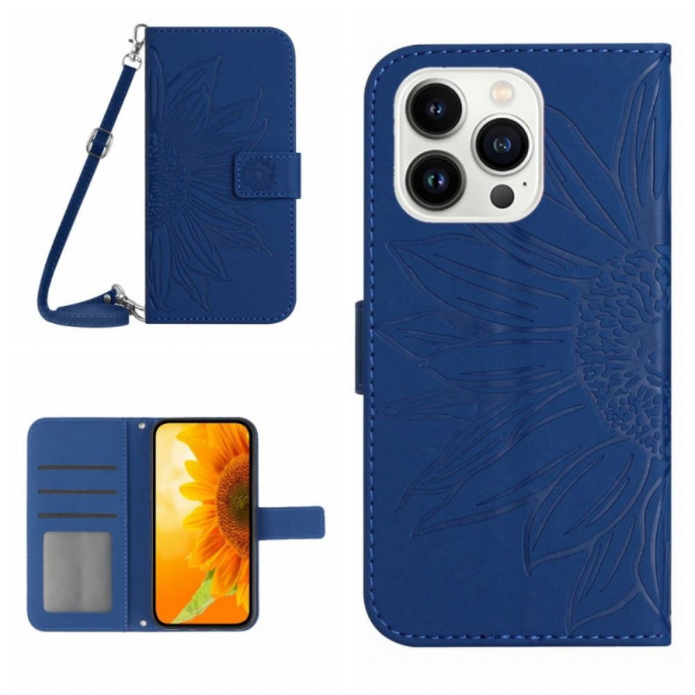 Kožený Kryt Na iPhone 16 Pro Max Popruh Přes Rameno Se Slunečnicovým Potiskem