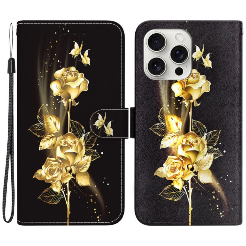 Kožený Kryt Na iPhone 16 Pro Max Zlatí A Růžoví Motýli S Řemínkem