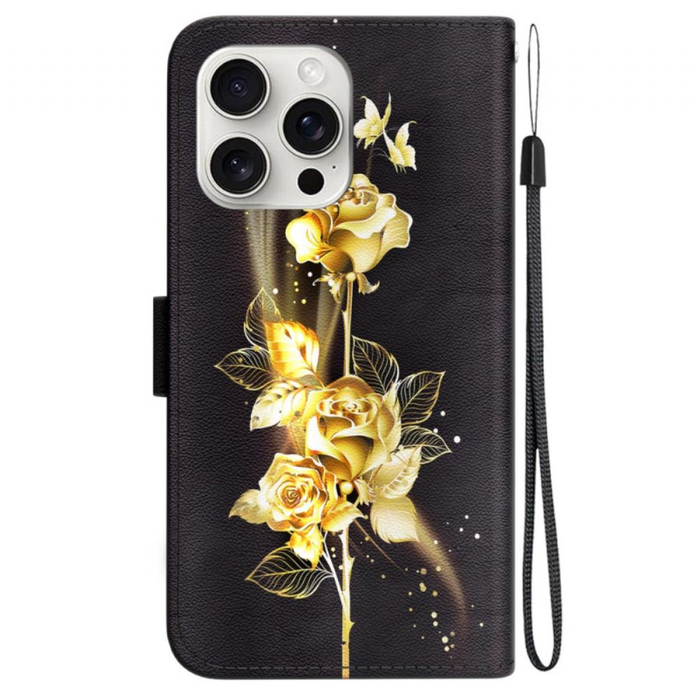 Kožený Kryt Na iPhone 16 Pro Max Zlatí A Růžoví Motýli S Řemínkem