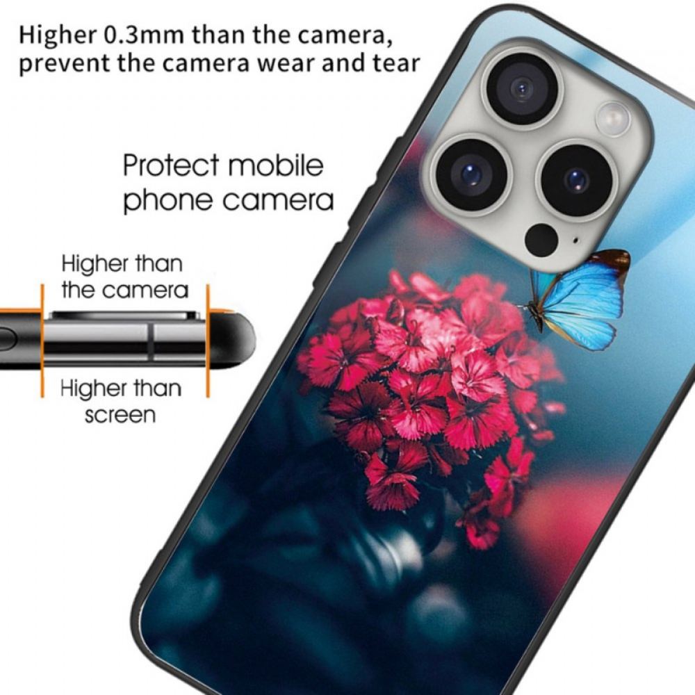 Kryt Na iPhone 16 Pro Max Květiny Z Tvrzeného Skla A Modrý Motýl