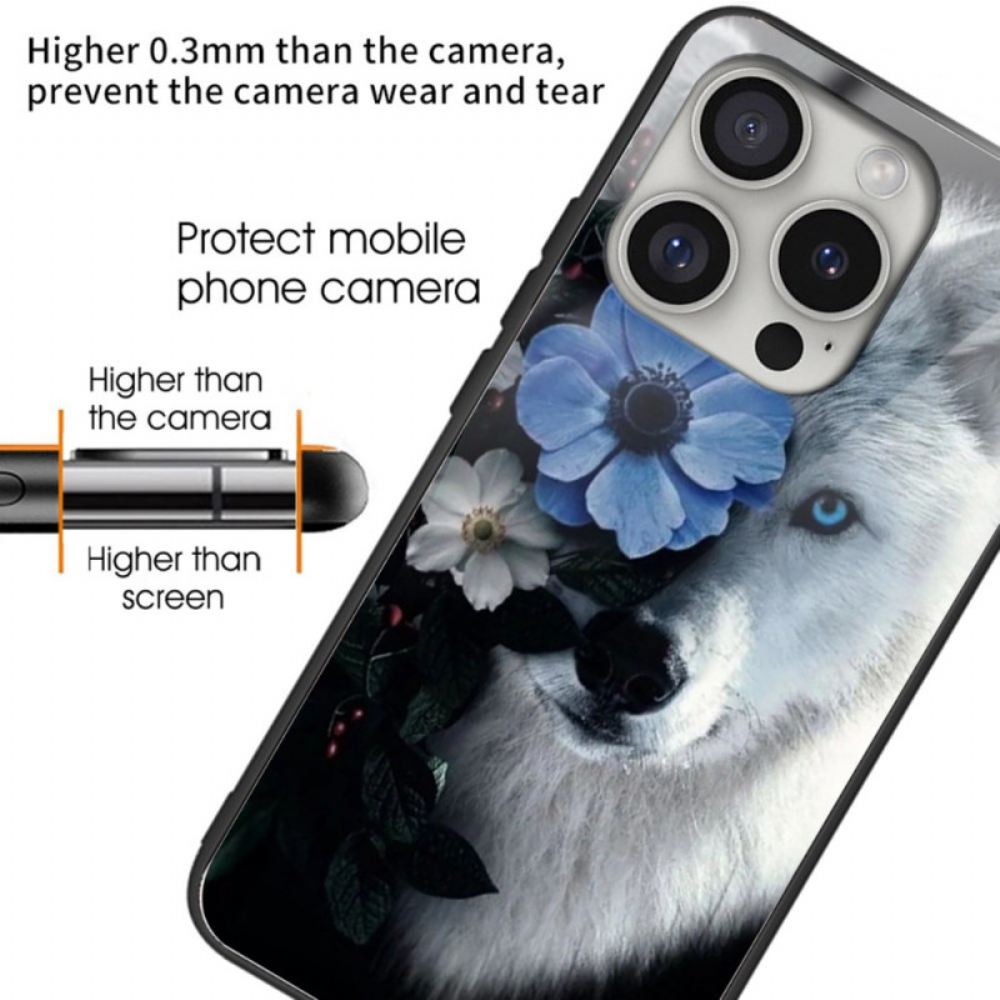 Kryt Na iPhone 16 Pro Max Tvrzené Sklo Vlčí A Modrý Květ