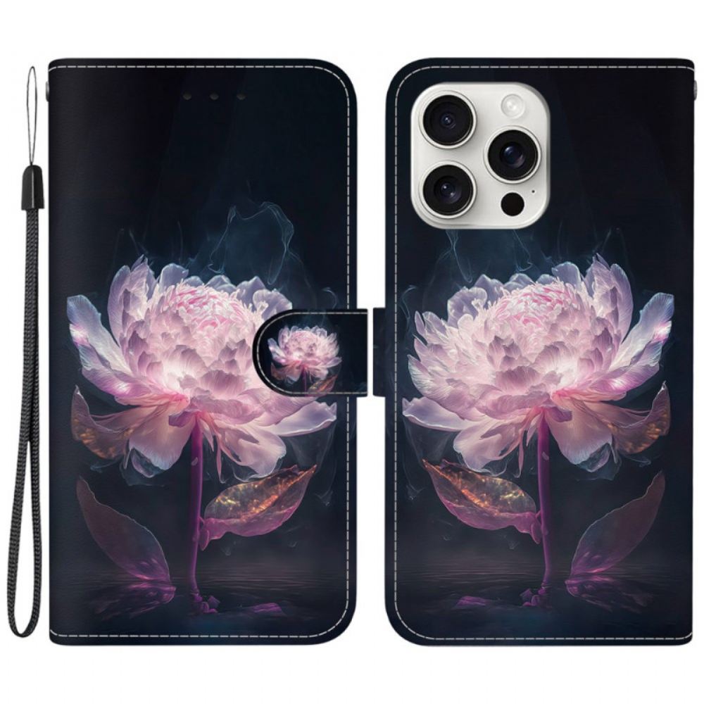Peněženková Pouzdra iPhone 16 Pro Max Kryty Na Mobil Fialová Pivoňka S Řemínkem