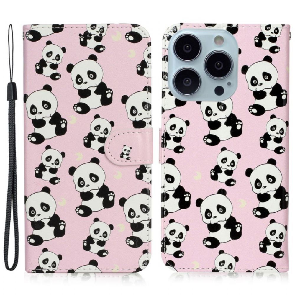 Peněženková Pouzdra iPhone 16 Pro Max Kryty Na Mobil Malé Pandy S Popruhem