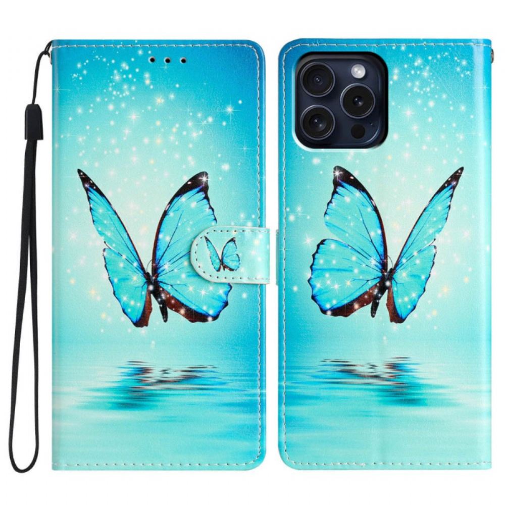 Peněženková Pouzdra iPhone 16 Pro Max Kryty Na Mobil Modrý Motýl Na Vodě S Popruhem
