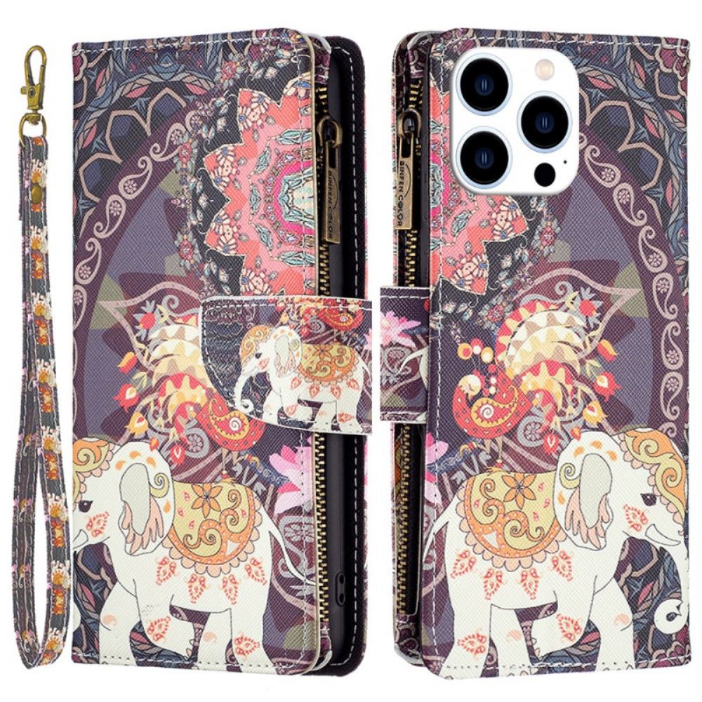 Peněženková Pouzdra iPhone 16 Pro Max Kryty Na Mobil Peněženka Tribal Elephant S Popruhem
