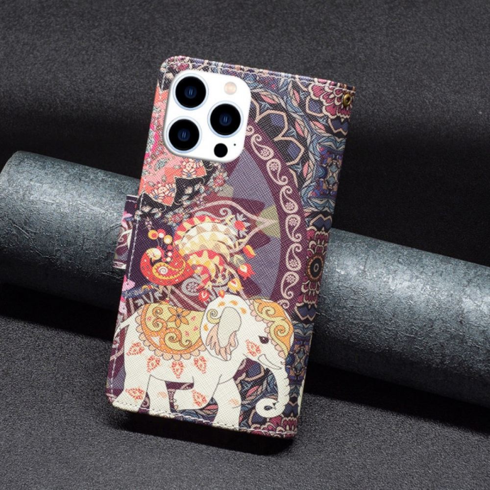 Peněženková Pouzdra iPhone 16 Pro Max Kryty Na Mobil Peněženka Tribal Elephant S Popruhem