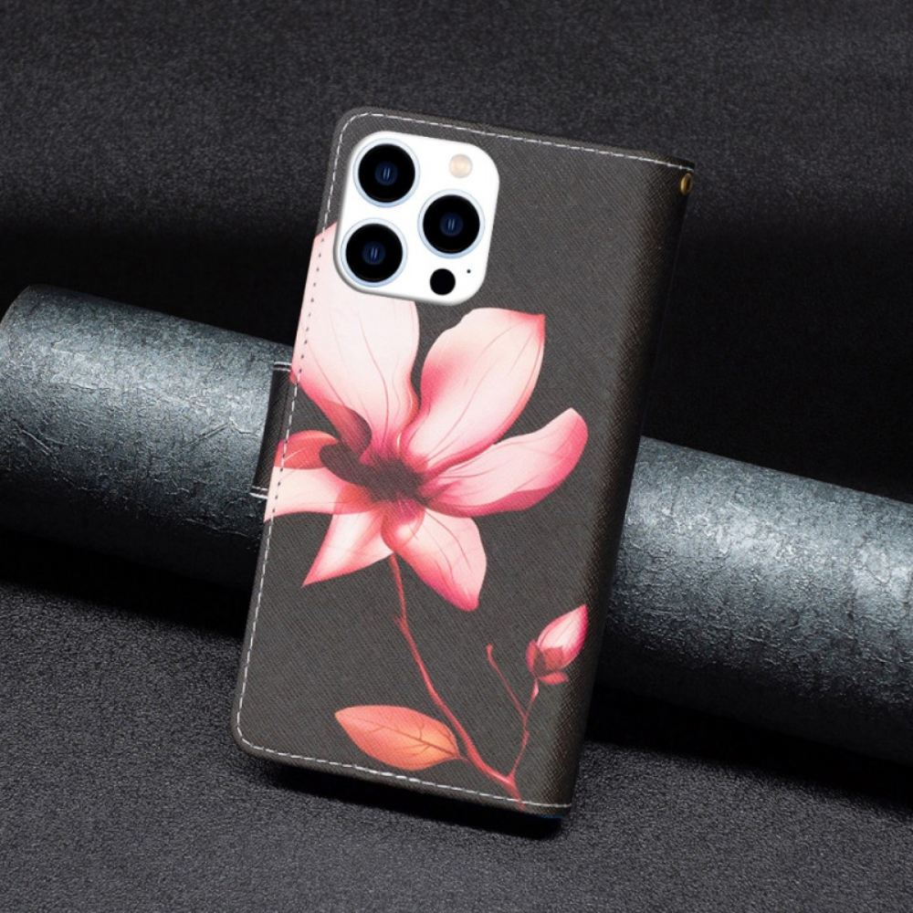 Peněženková Pouzdra iPhone 16 Pro Max Kryty Na Mobil Růžová Květinová Peněženka Na Černém Pozadí