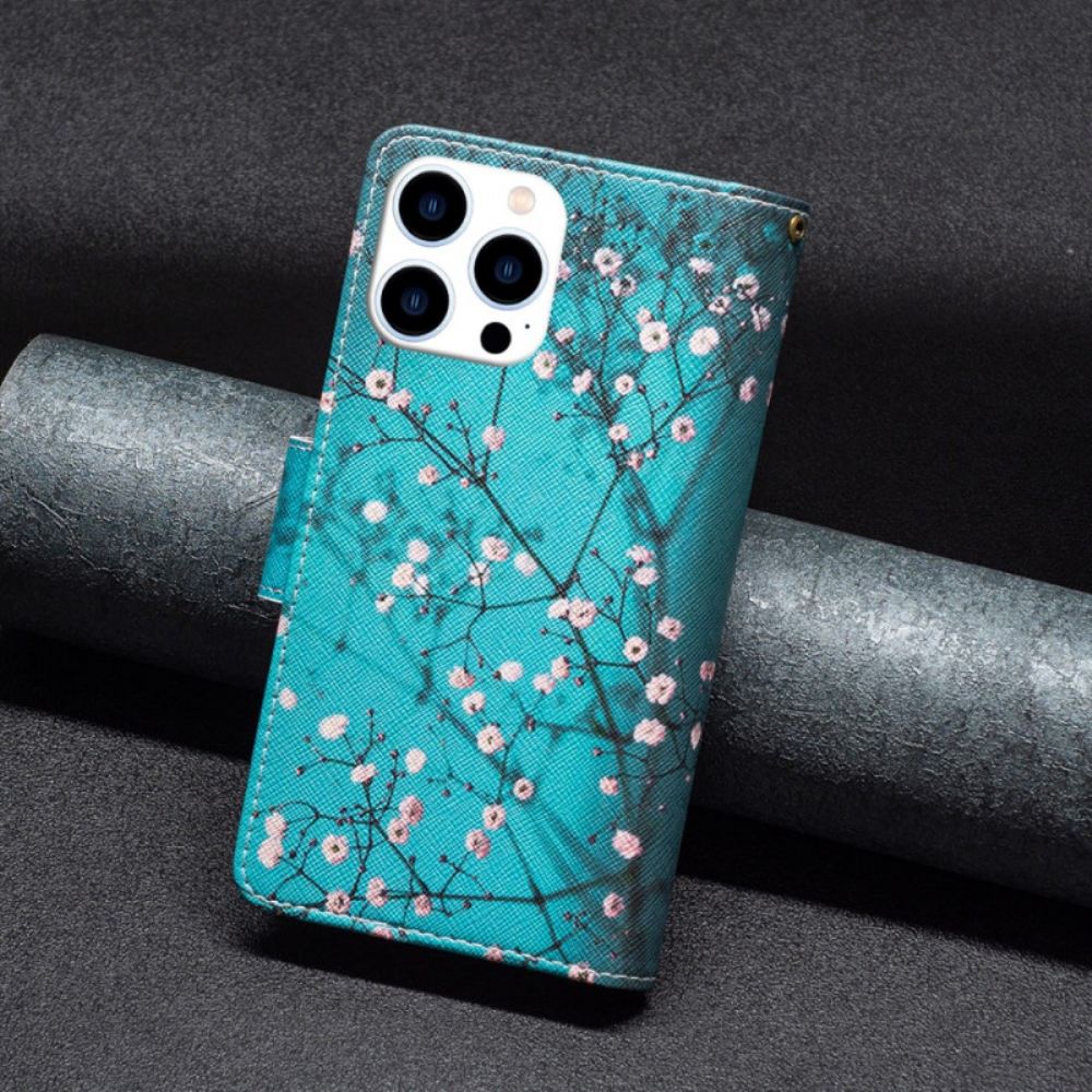 Peněženková Pouzdra iPhone 16 Pro Max Peněženka Se Švestkovým Květem S Popruhem