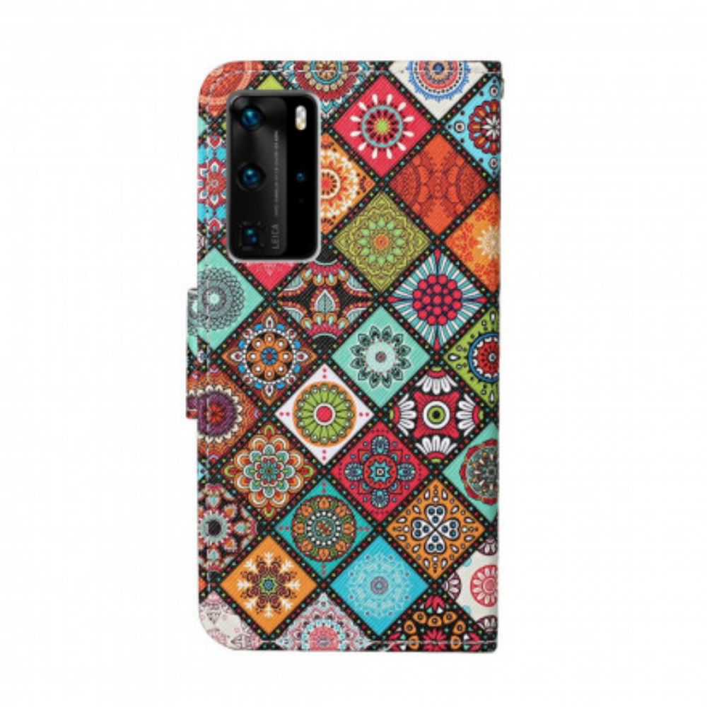 Kožené Pouzdro Na Huawei P40 Pro Patchworkové Mandaly S Lanyardem