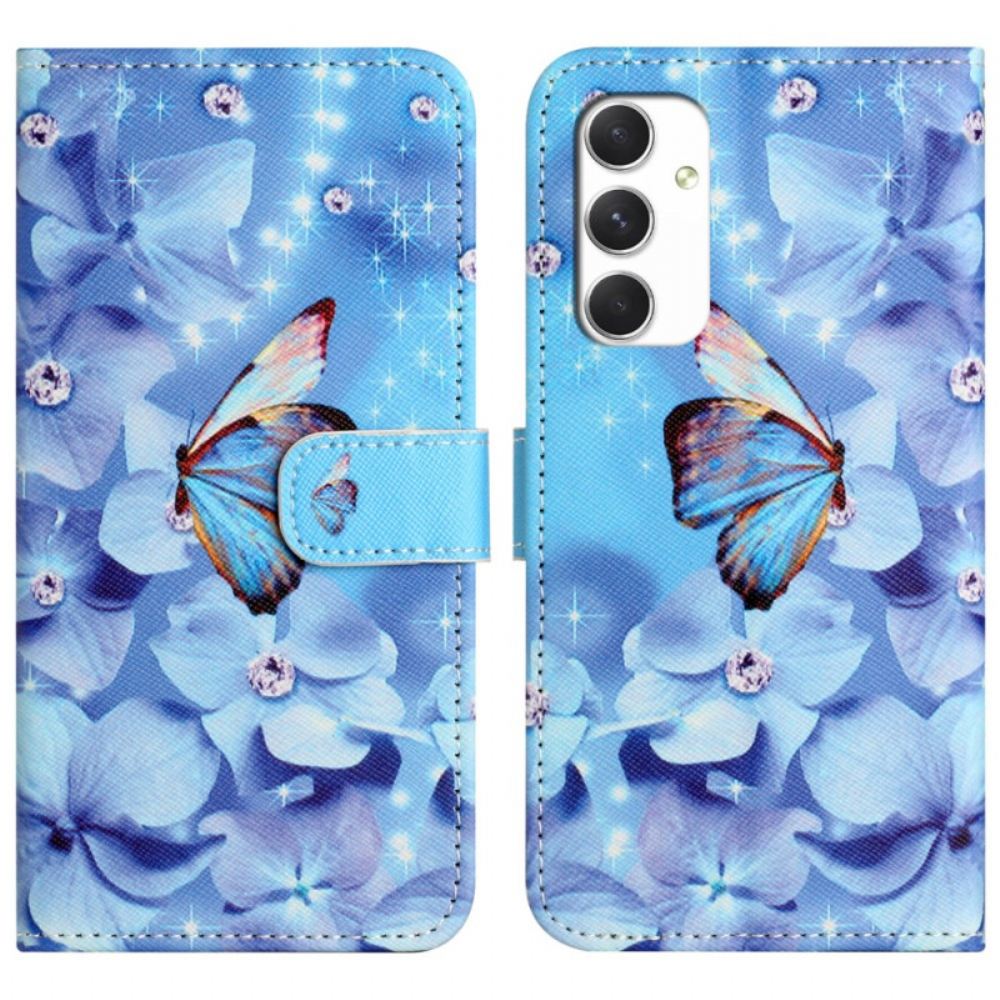 Kožený Kryt Na Samsung Galaxy A16 5g Modré Květiny A Motýli