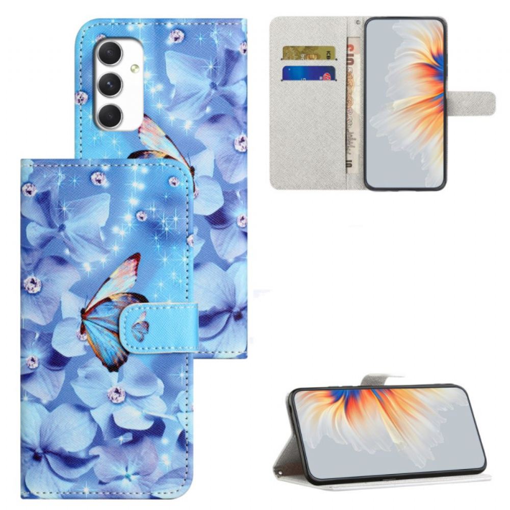 Kožený Kryt Na Samsung Galaxy A16 5g Modré Květiny A Motýli