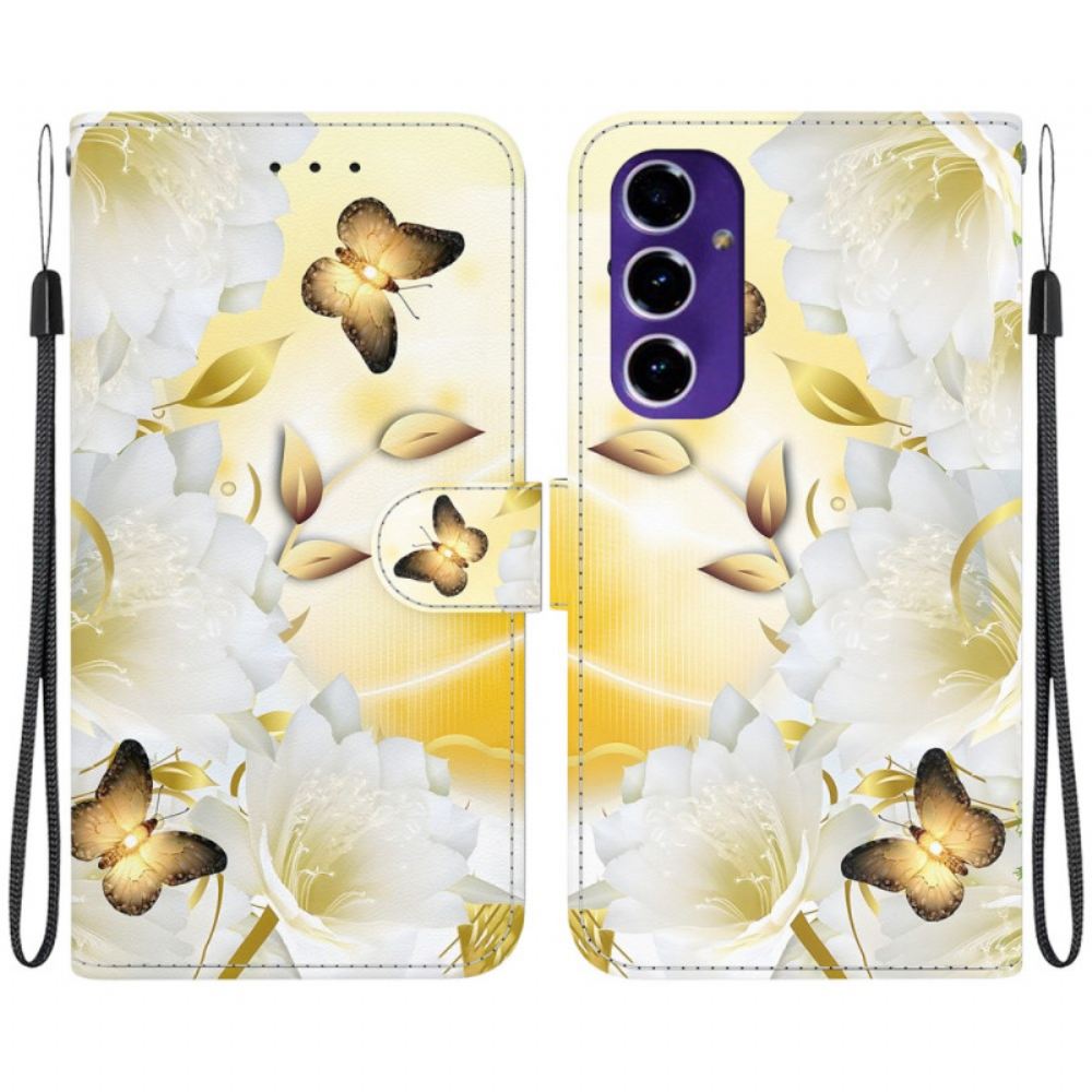 Kožený Kryt Na Samsung Galaxy A16 5g Zlatý Motýl A Bílé Květy