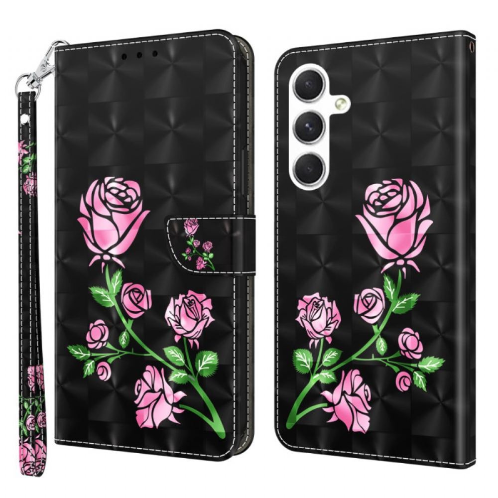Kožený Kryt Samsung Galaxy A16 5g Růžové Květy S Páskem