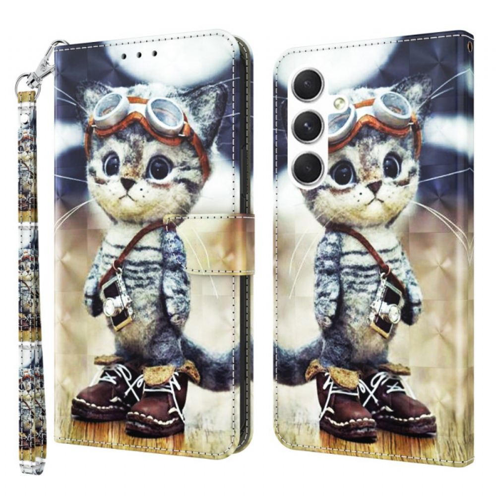 Peněženková Pouzdra Samsung Galaxy A16 5g Letecká Kočka S Popruhem