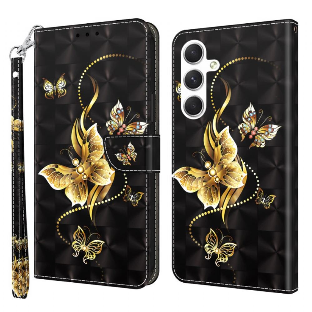 Peněženková Pouzdra Samsung Galaxy A16 5g Zlatí Motýli S Řemínkem
