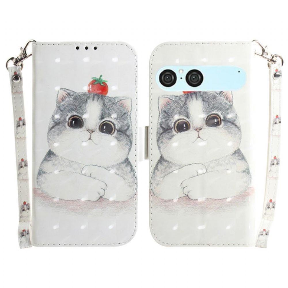 Kožený Kryt Na Sony Xperia 10 Vii Šňůrka Na Krk S Kočkou A Jahodou