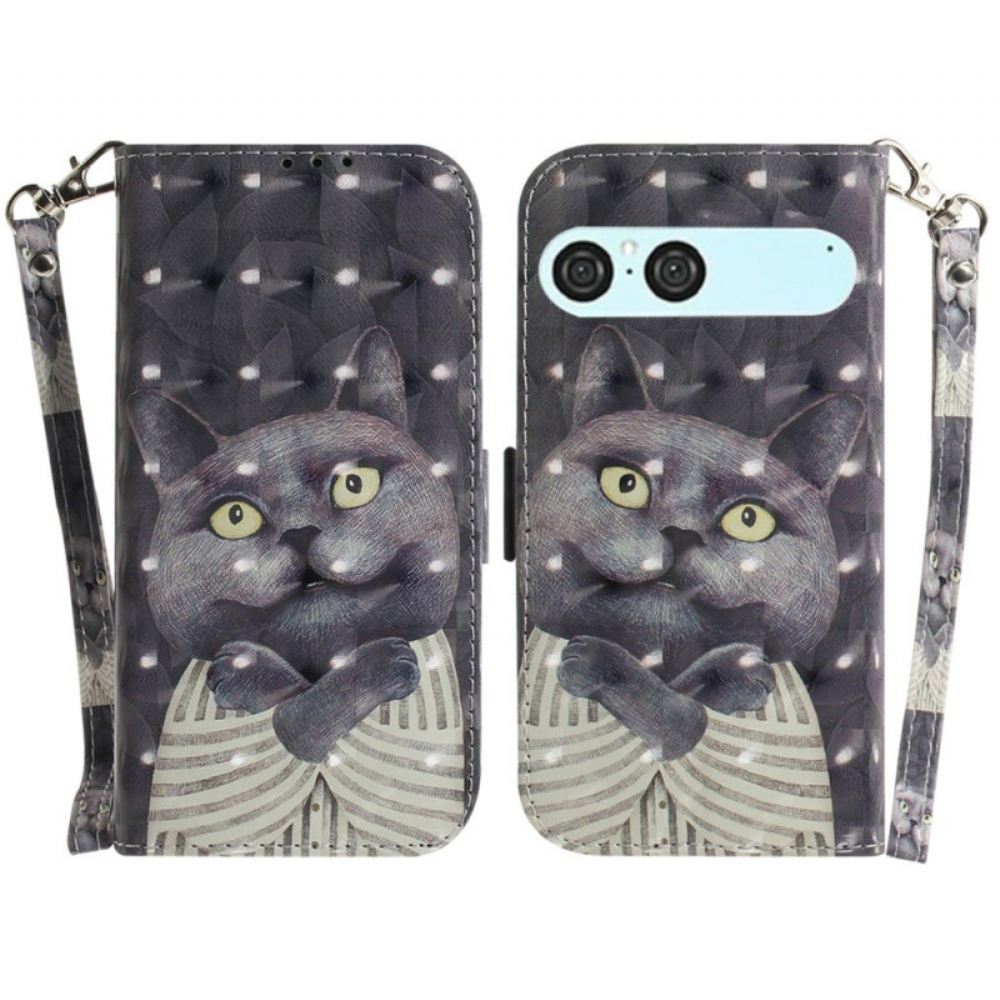 Kožený Kryt Sony Xperia 10 Vii Šňůrka Na Krk S Šedou Kočkou