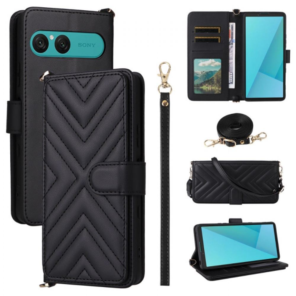 Peněženková Pouzdra Sony Xperia 10 Vii Kryty Na Mobil Prošívaná S Popruhem A Poutkem Na Zápěstí