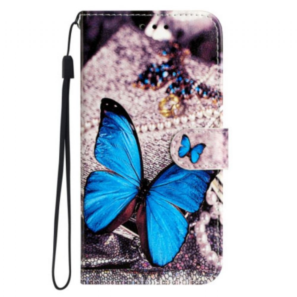 Flipové Pouzdro Na Xiaomi Redmi A1 Na Lana Modrý Motýl S Popruhem