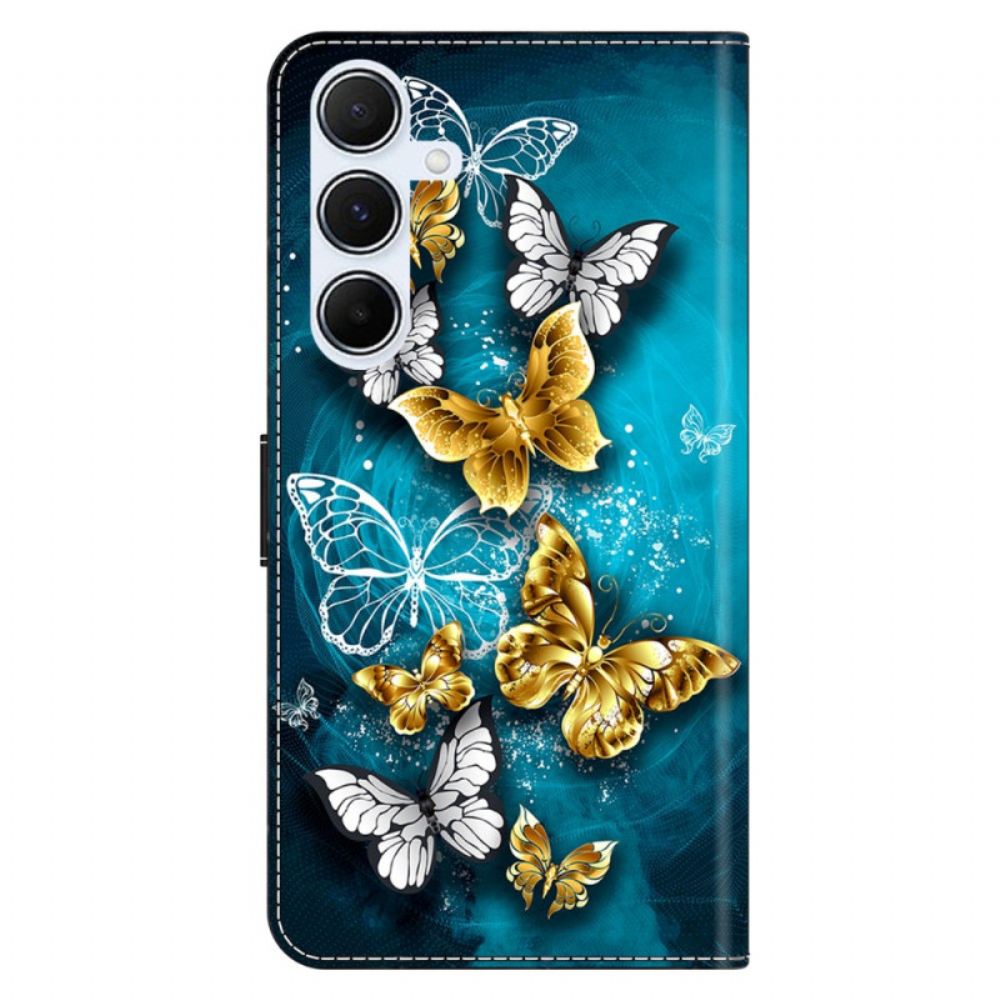 Kožený Kryt Samsung Galaxy A17 4g / 5g Zlatí Motýli Na Zeleném Pozadí