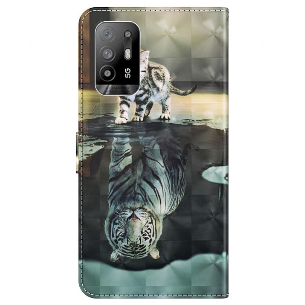 Flipové Pouzdro Na Oppo A94 5G Kočka A Tygr Se Šňůrkou