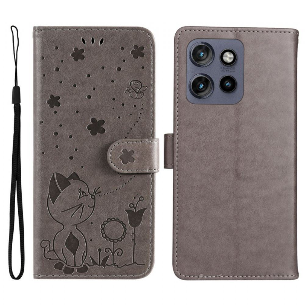 Kožený Kryt Motorola Edge 50 Neo Kočka A Včela
