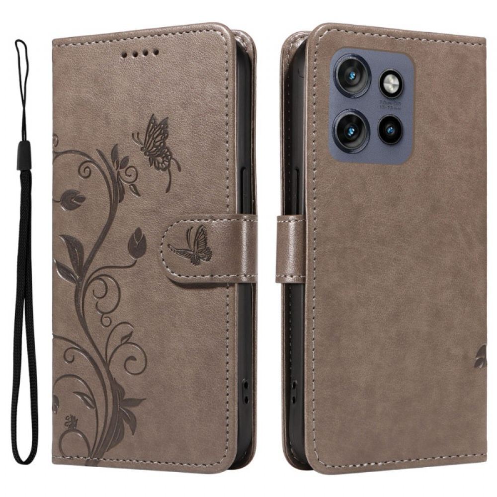 Kožený Kryt Motorola Edge 50 Neo Motýli A Květiny