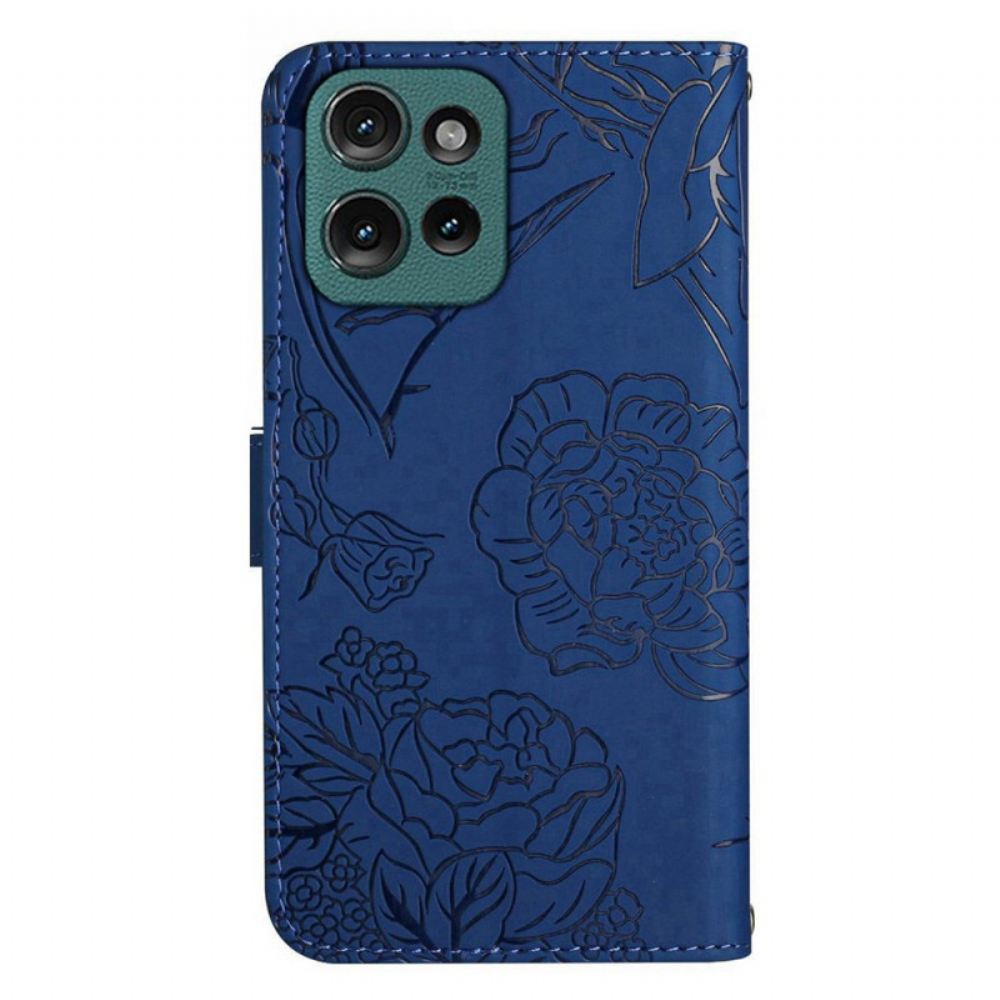 Kožený Kryt Motorola Edge 50 Neo Potisk Motýla S Páskem