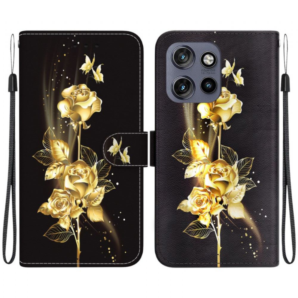 Kožený Kryt Na Motorola Edge 50 Neo Zlatí A Růžoví Motýli