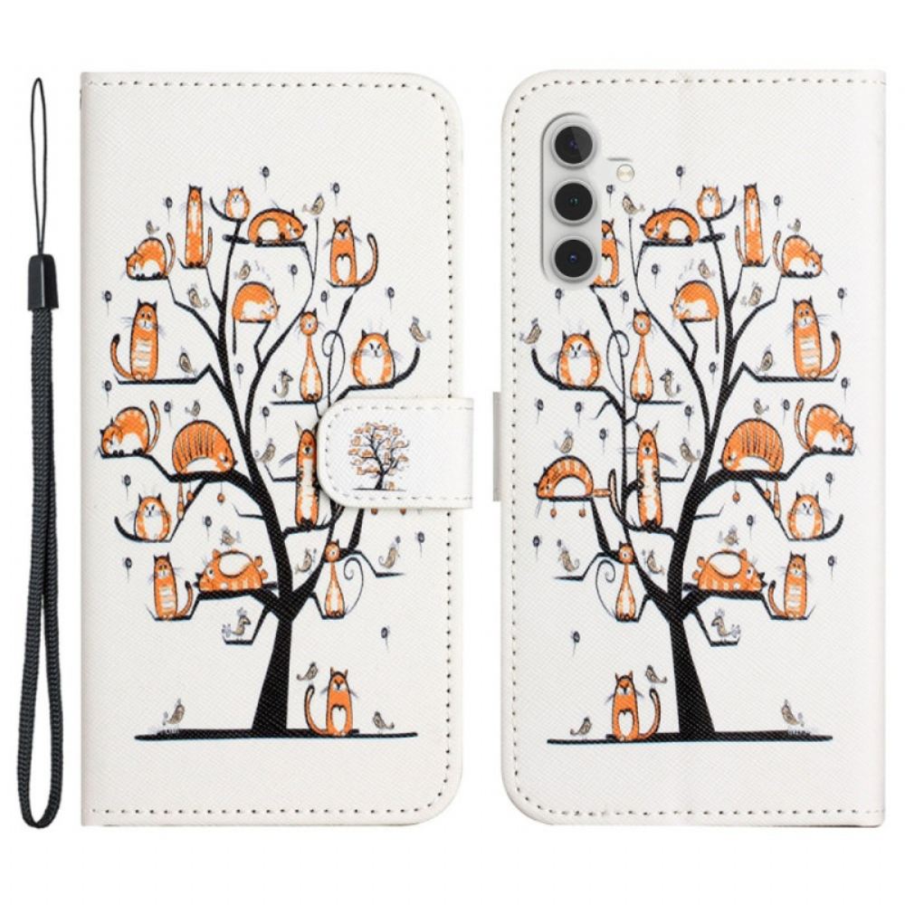 Kožený Kryt Samsung Galaxy S24 Fe Kočky Na Lanyard Tree