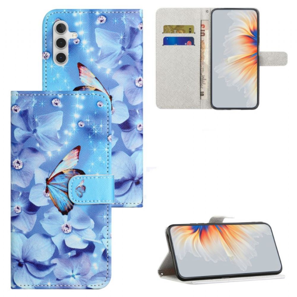 Kožený Kryt Samsung Galaxy S24 Fe Modré Květiny A Motýli S Popruhem