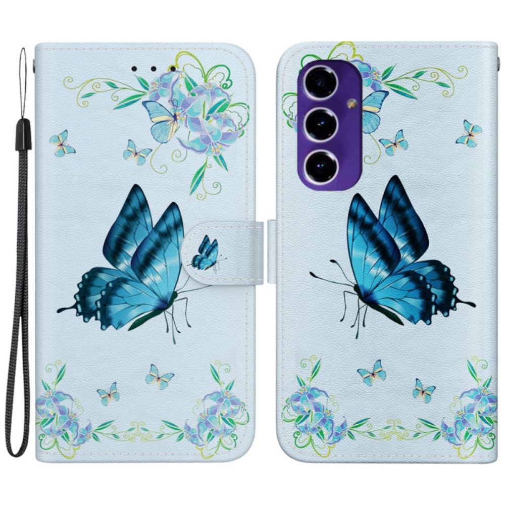 Kožený Kryt Samsung Galaxy S24 Fe Modrý Motýl A Květiny S Popruhem