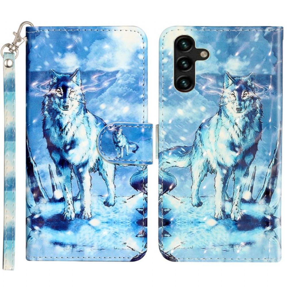 Kožený Kryt Samsung Galaxy S24 Fe Sněžný Vlk S Popruhem