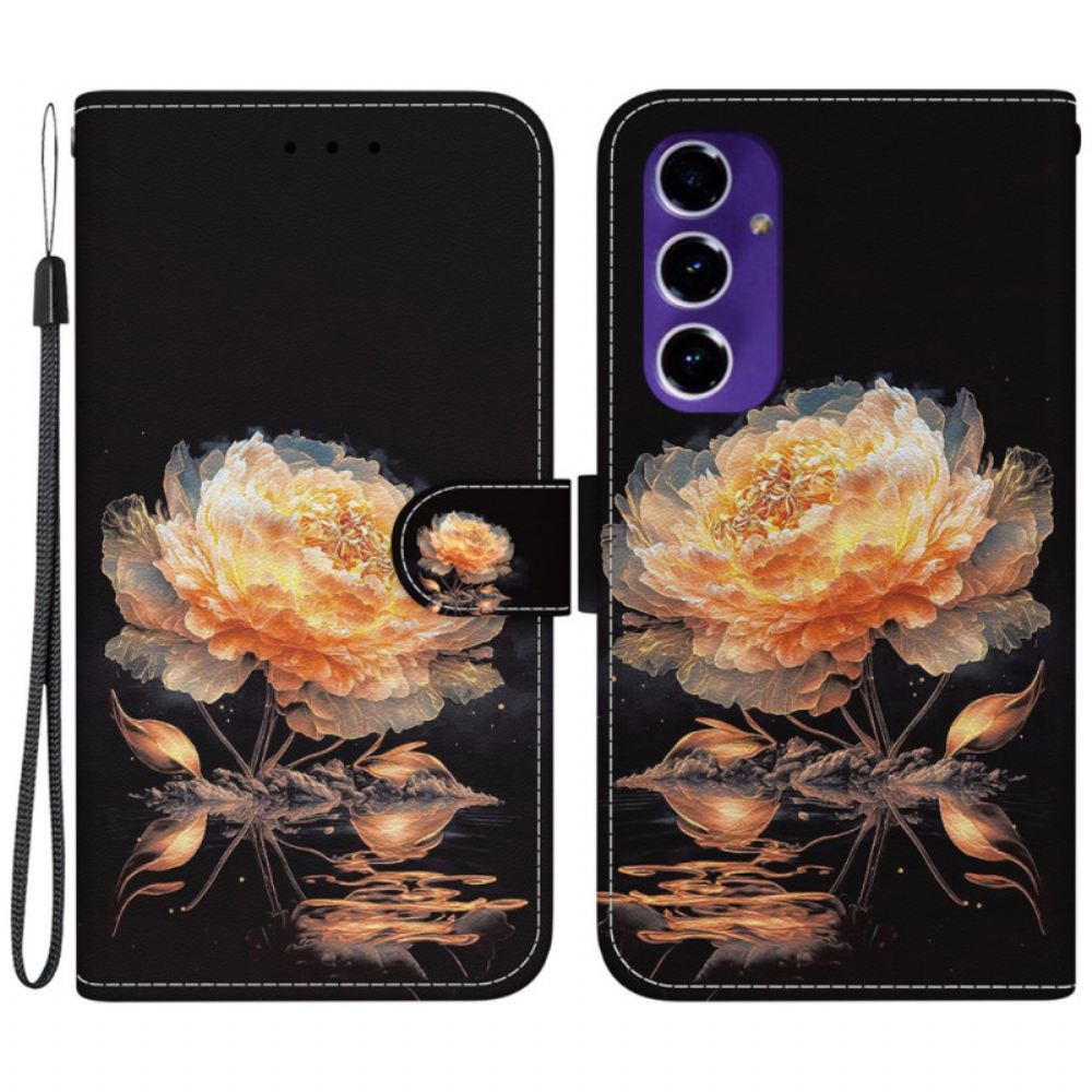 Kožený Kryt Samsung Galaxy S24 Fe Zlatá Pivoňka S Řemínkem