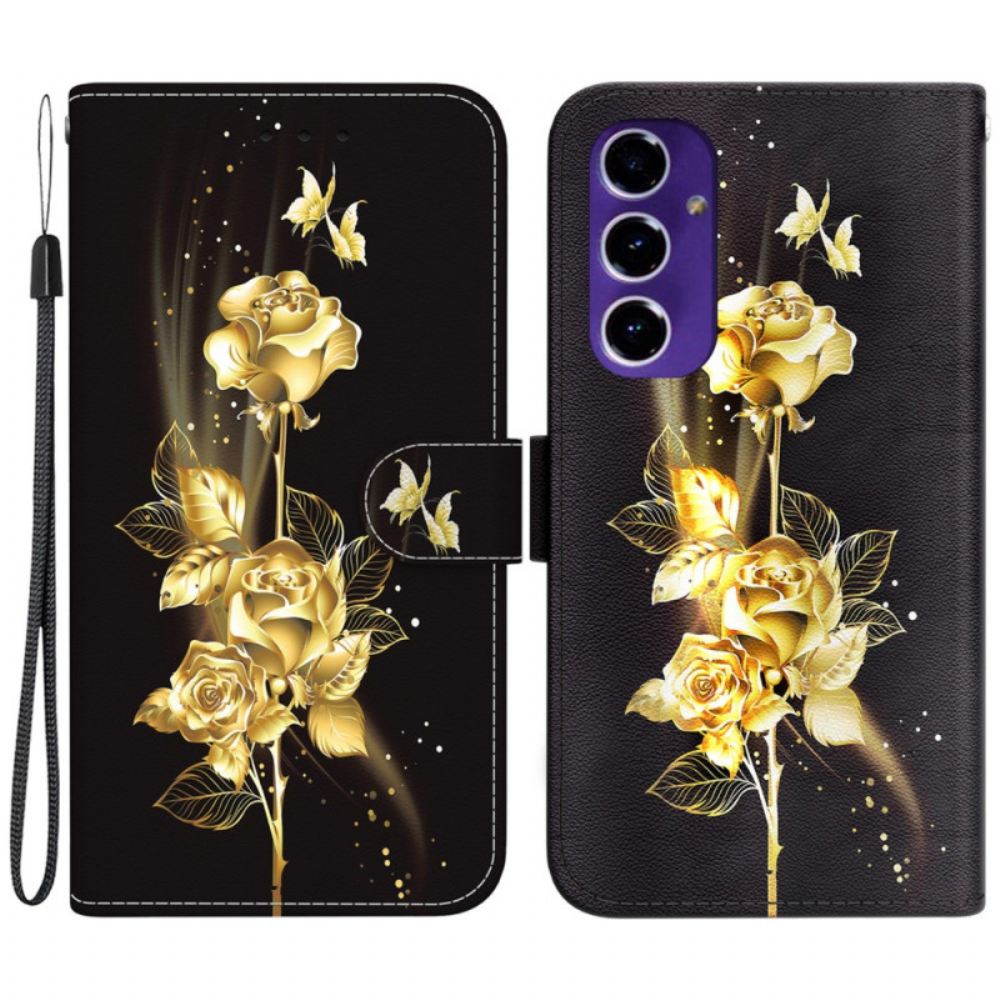 Kožený Kryt Samsung Galaxy S24 Fe Zlatí A Růžoví Motýli S Řemínkem
