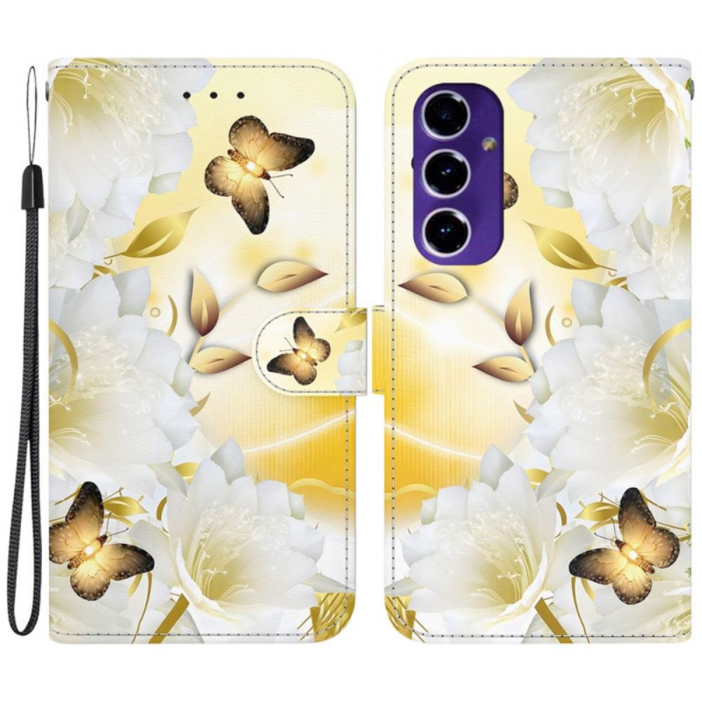 Peněženková Pouzdra Samsung Galaxy S24 Fe Kryty Na Mobil Zlatí Motýli A Bílé Květy