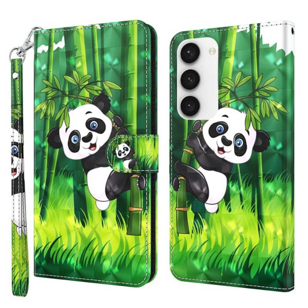 Flipové Pouzdro Na Samsung Galaxy S23 Plus 5G Na Lana Panda A Bambus Se Šňůrkou