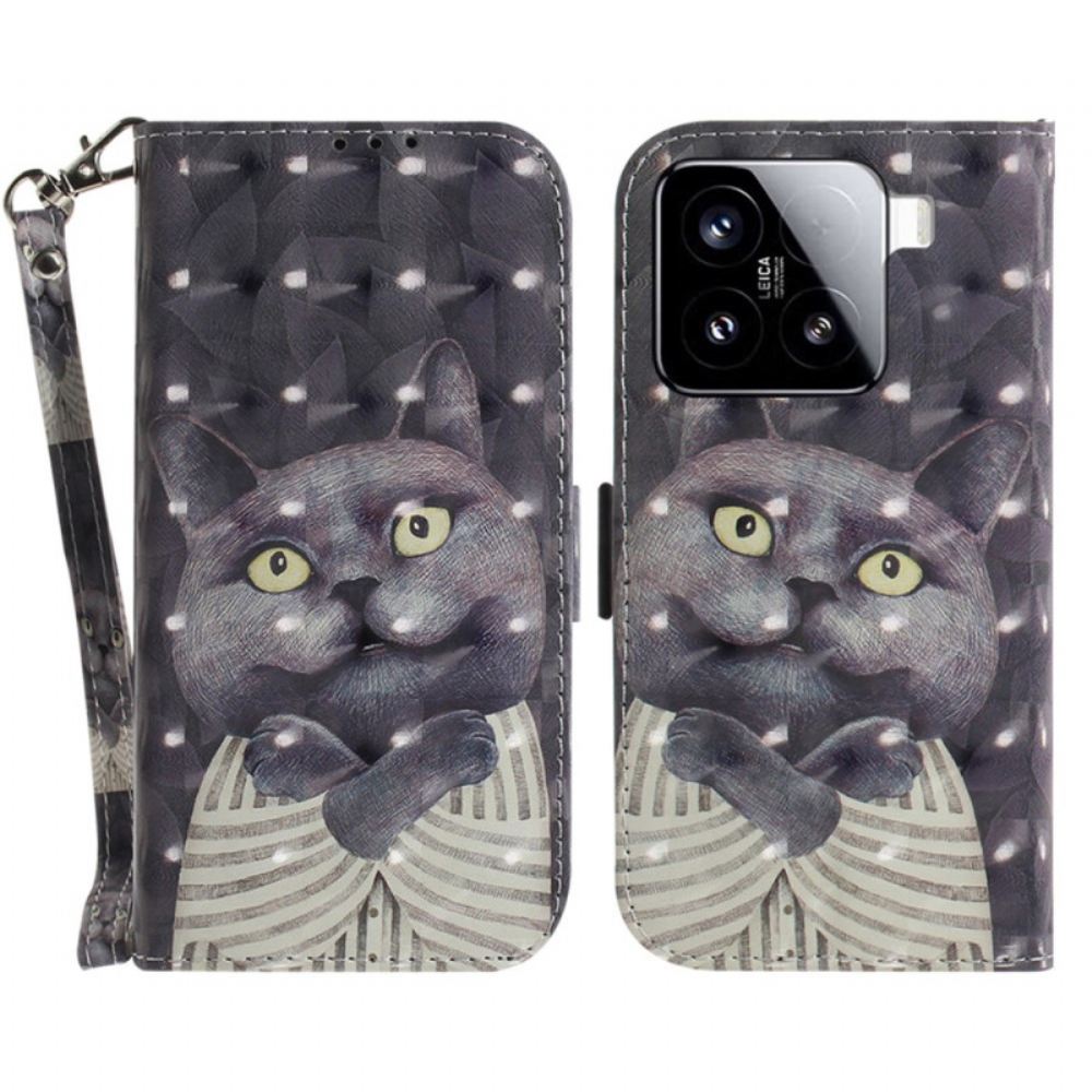Kožený Kryt Xiaomi 15 Šedá Kočka S Páskem