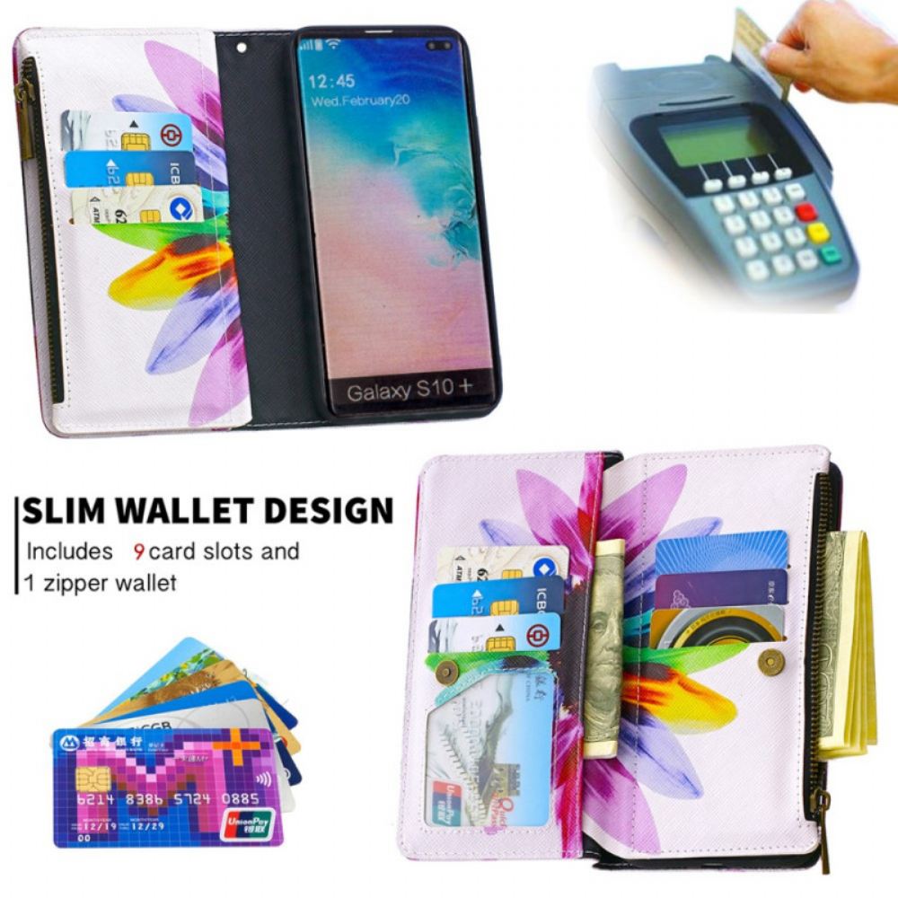 Flipové Pouzdro Na Samsung Galaxy S10 Plus Květinová Kapsa Na Zip