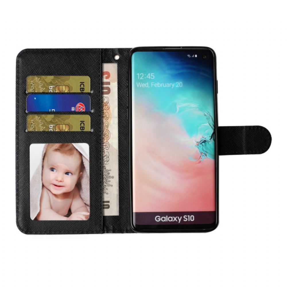 Flipové Pouzdro Na Samsung Galaxy S10 Plus Na Lana Kotě Světlé Skvrny S Popruhem