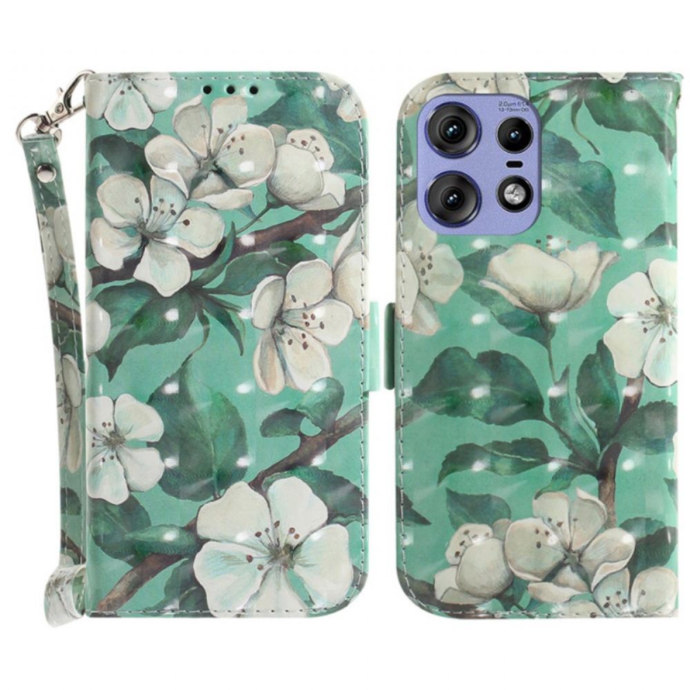 Kožený Kryt Motorola Edge 50 Pro Bílé Květy S Popruhem