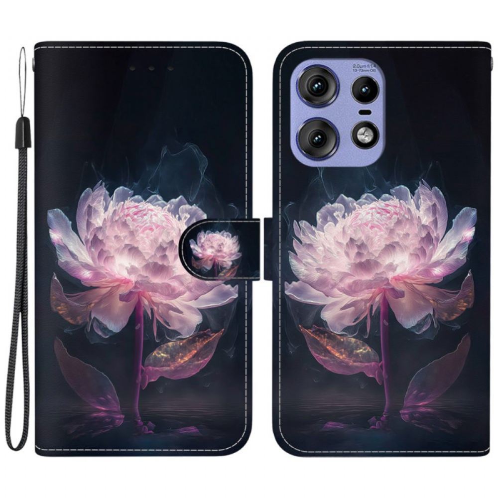 Kožený Kryt Motorola Edge 50 Pro Fialová Pivoňka S Řemínkem