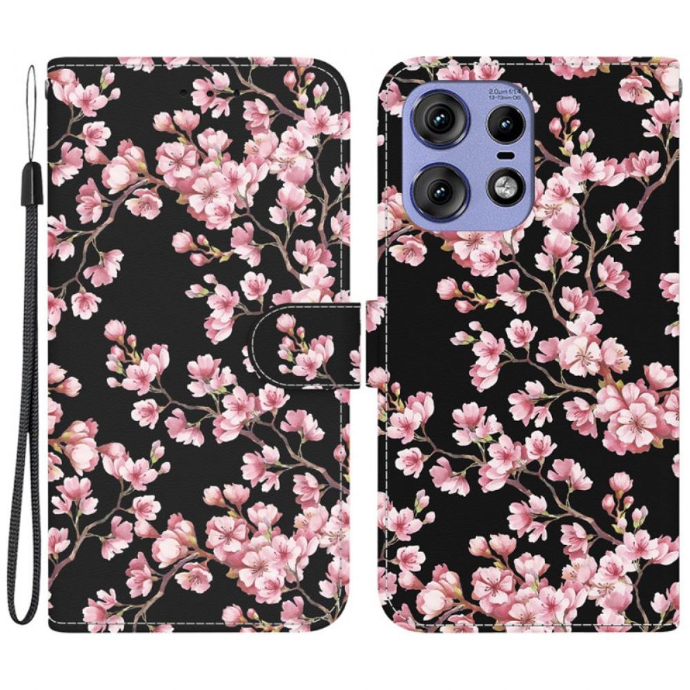 Kožený Kryt Motorola Edge 50 Pro Švestkové Květy S Popruhem