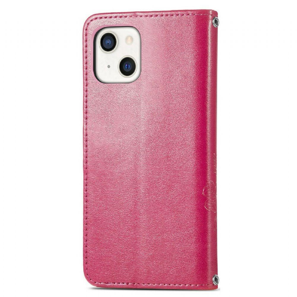 Flipové Pouzdro Na iPhone 13 Mini Na Lana Popruh Pro Motýly A Květiny