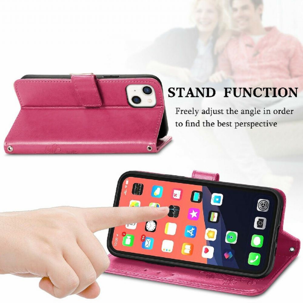 Flipové Pouzdro Na iPhone 13 Mini Na Lana Popruh Pro Motýly A Květiny