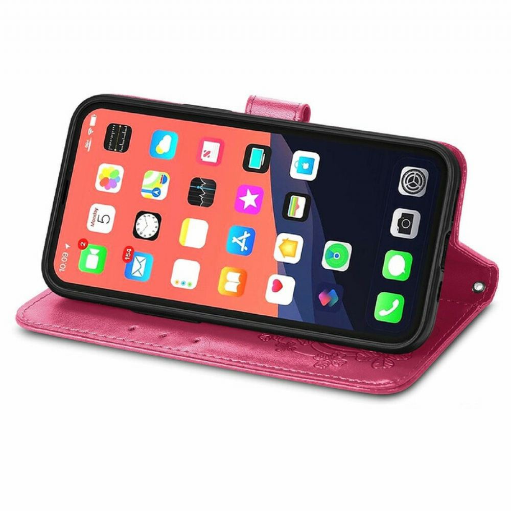 Flipové Pouzdro Na iPhone 13 Mini Na Lana Popruh Pro Motýly A Květiny