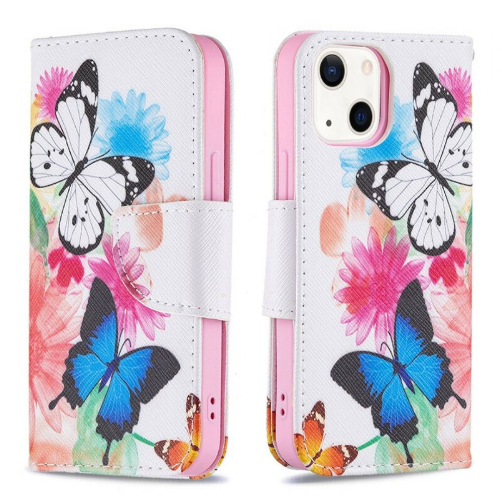 Flipové Pouzdro Na iPhone 13 Mini Malovaní Motýli A Květiny