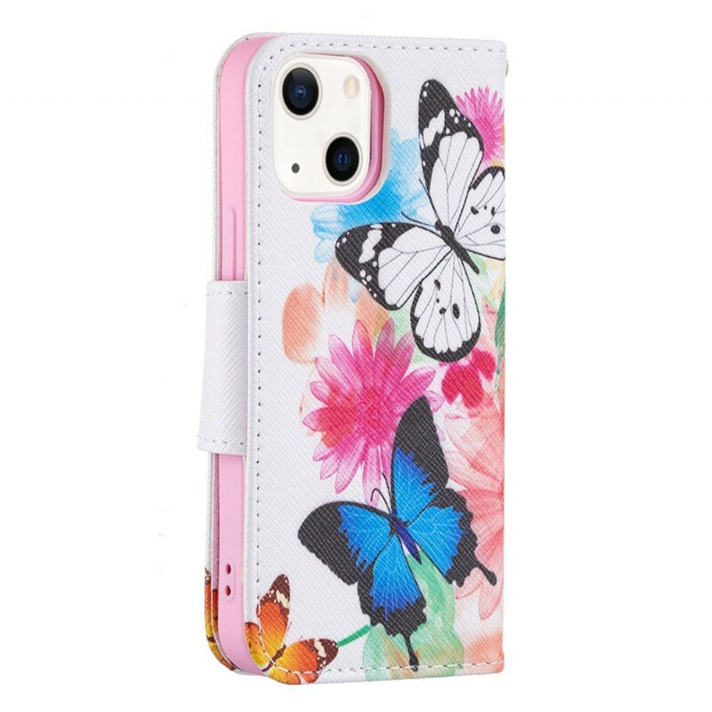 Flipové Pouzdro Na iPhone 13 Mini Malovaní Motýli A Květiny
