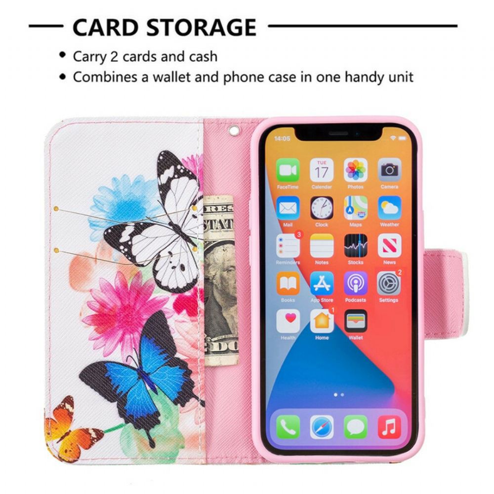 Flipové Pouzdro Na iPhone 13 Mini Malovaní Motýli A Květiny